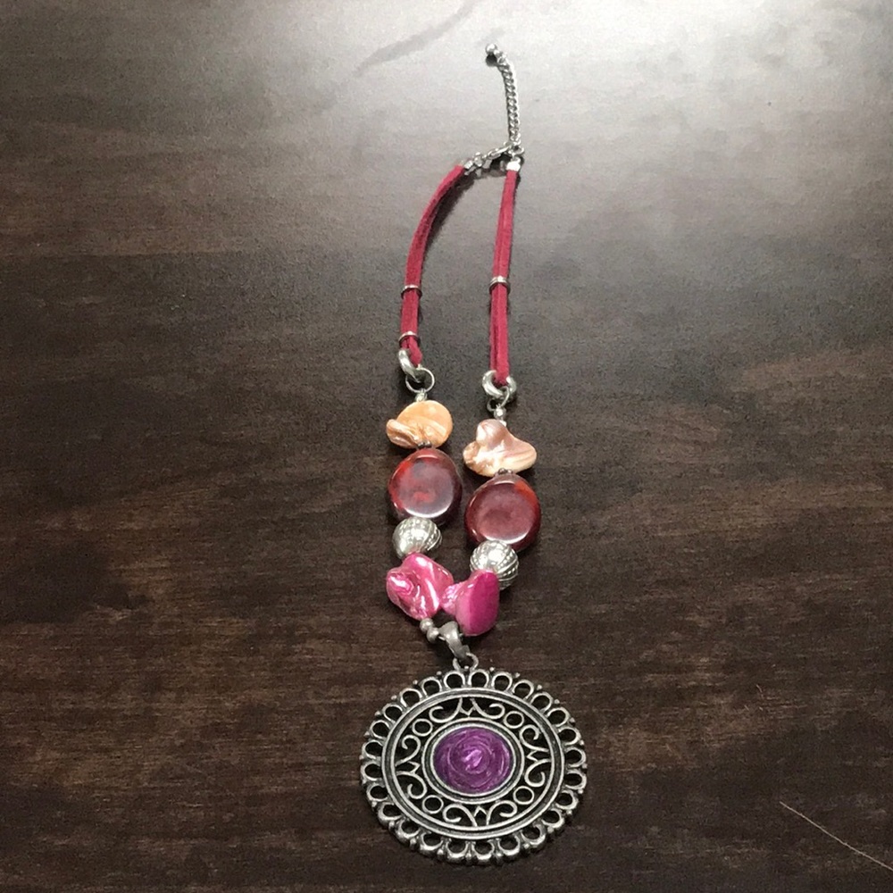RED and PURPLE STONE NECKLACE with MEDALLION